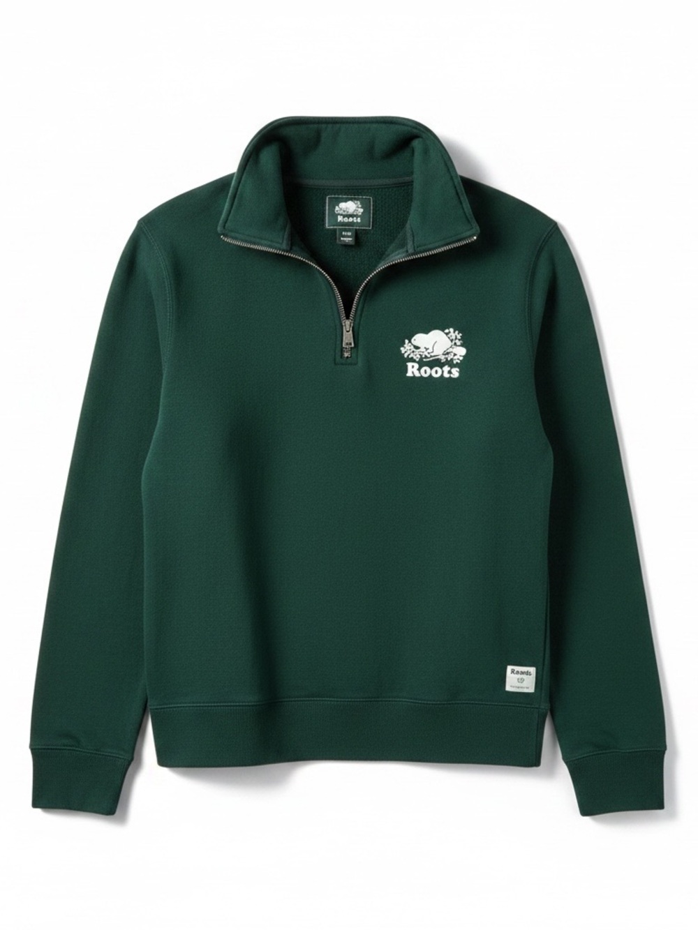 ROOTS Varsity Green Organic Quarter Zip Stein Sweatshirt Medium EUC